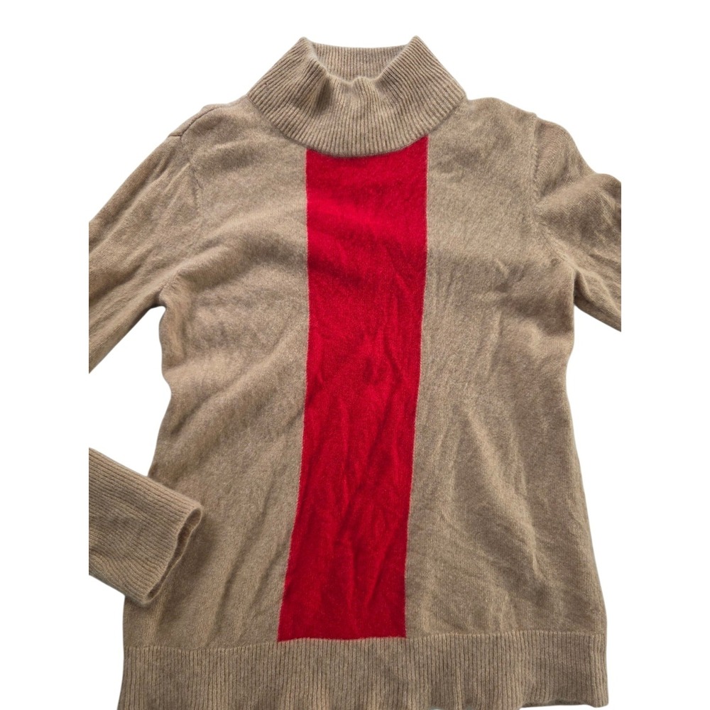 Magaschoni Womens 100% Cashmere Mock Neck Sweater Tan Beige Red Stripe Small